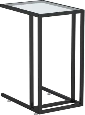 A black metal frame side table with a transparent glass top, shown against a white background.