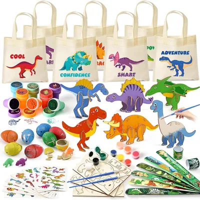 Produktbild von Dinosaurier Mitgebsel Kindergeburtstag Holz Bastelset 8er Set mit Tragetaschen, Dino Eier, Slap Armbändern, Stempeln, Tattoos