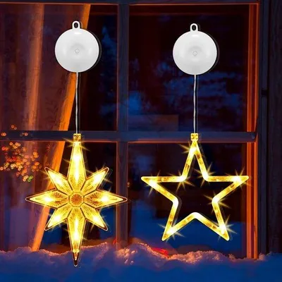 Productafbeelding van Kerstverlichting voor ramen, 2 stuks, met zuignappen, led, warmwit, raamlicht, kerststerren, polarster, kerstraamverlichting voor binnen en buiten, balkon
