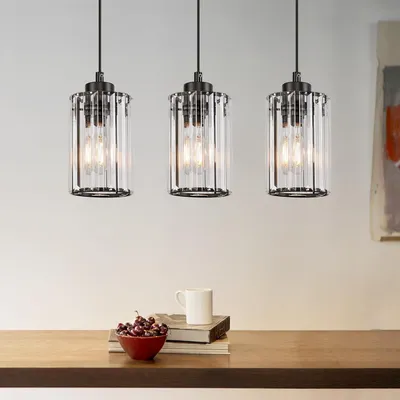 Image de ZMH Suspension lumineuse pour table à manger, à trois ampoules, noire, avec abat-jour en cristal, culot E27, hauteur réglable. Lampe de salle à manger, idéale pour le salon, la chambre, la cuisine et l'éclairage intérieur