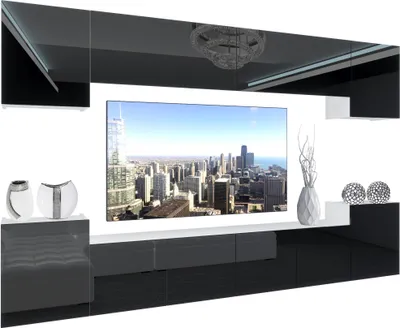 Produktbild von BELINI Wohnwand Vollausstattung Wohnzimmer-Set Moderne Schrankwand mit LED-Beleuchtung Weiß Glänzend Anbauwand TV-Schrank Schwarz Glänzend