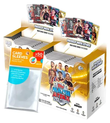 Obrázek produktu pro Sada karet UCC Match Attax Champions League 2026/27 – 2 krabice (72 boosterů) + exkluzivní ochranné obaly pro sběratelské karty