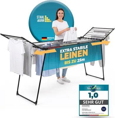 Produktbild von STAHLMANN® Wäscheständer XXL ausziehbar [25 m Trockenfläche] Flügelwäscheständer klappbar, mit Klemmen, ohne Montage, Schwarz,  EU