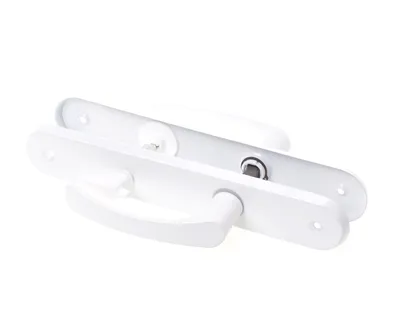 Two white door handles with long escutcheons are displayed on a white background.