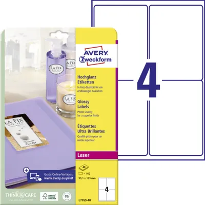 Produktbild von Avery Zweckform L7769-40 Hochglanz-Etiketten, A4, 99,1 x 139 mm, 40 Bogen/160 Etiketten, weiß