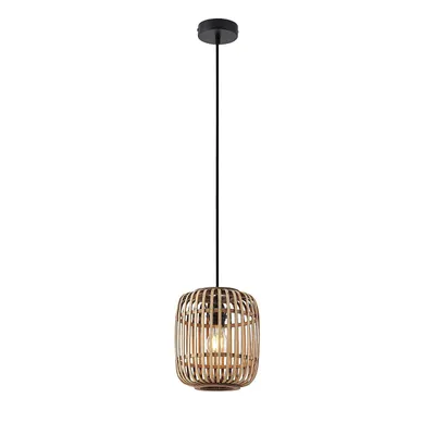 A pendant light with a natural rattan shade.