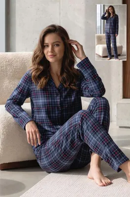 Produktbild von Damen Pyjama Schlafanzug Blau XXL aus Velours Lang mit Knöpfen Warm Winter 2 Teiler S-80