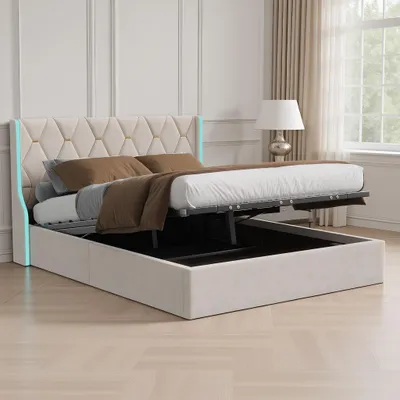 Obrázek produktu pro Postel INONEFT, potažená látkou, rozměry 140 x 190 cm, s hydraulickým zvedacím mechanismem, úložným prostorem a roštovou základnou. Postel pro mládež s úložným prostorem a LED podsvícenou čelní stranou. Dvojlůžko, potažené sametem, barva béžová