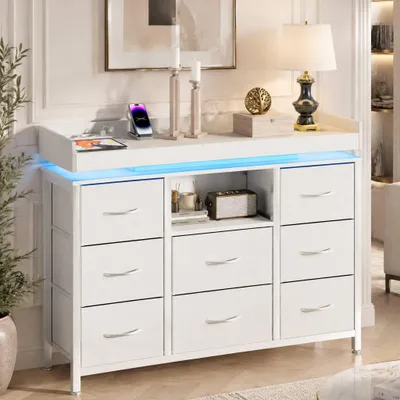 Immagine prodotto di Comodino INONEFT con 8 cassetti e 1 vano aperto, mobile contenitore laterale con illuminazione LED, porte USB di tipo C e porte USB, ideale per camera da letto e soggiorno