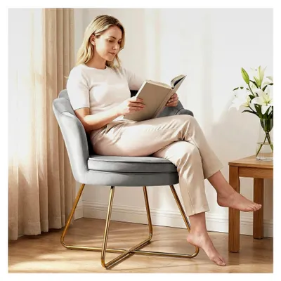 Produktbild von Schminktischstuhl aus Samt mit goldenen Metallbeinen, grauer Vanity-Sessel, eleganter Loungesessel, Armlehnstuhl für Schlafzimmer und Wohnzimmer