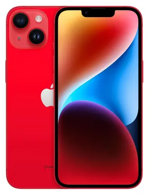 A red iPhone 14 is shown from the front and back.