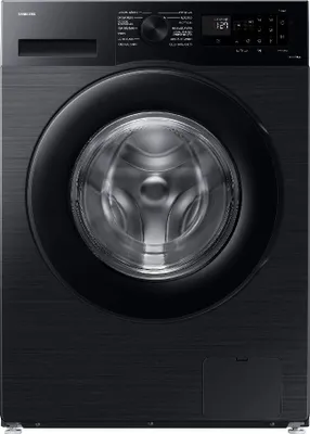 A front view of a black Samsung washing machine.