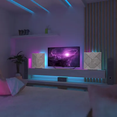 Produktbild von 2er Pack Akustikpaneele "WILDS" mit RGB-Schreibtischlampe|Mobiler Ständer mit LED-Tischfuß|Für Podcast-Studios|50×50cm|Weiß glänzender Kunststoff