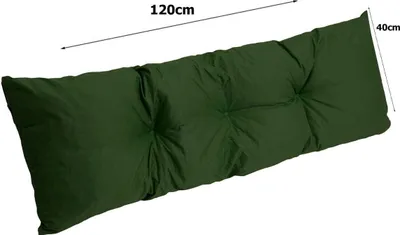 A long, dark green cushion with tufted buttons, shown diagonally against a white background. Dimensions are indicated by lines and text.