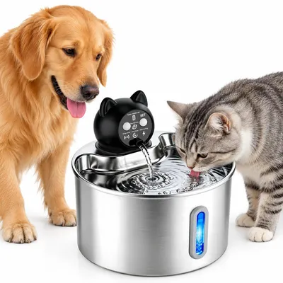 Produktbild von Trinkbrunnen Katze 2,2 L, Edelstahl Katzenbrunnen, Mehrfachfilter, Wasserstandsanzeige, Wasserbrunnenfür Katzen und kleine Hunde
