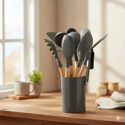 Produktbild von Küchenset 12-teilig Bavary Collection aus hitzebeständigem Silikon und Holzgriffen