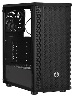 A black computer case is shown from a three-quarter angle.