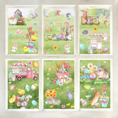 Produktbild von 9 Stück Fensterbilder Ostern Deko, Bunt, Selbstklebend, Wiederverwendbar