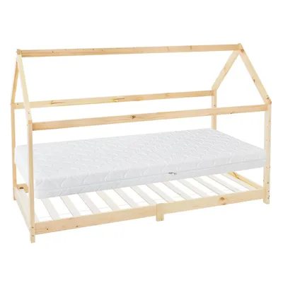 Obrázek produktu pro ML-Design dětská postel 90x200 cm s matrací, stříškou a lamelovým roštem, přírodní, domácí postel z borovicového dřeva podlahová postel dřevěná postel