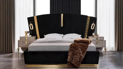 Produktbild von Schlafzimmer Doppelbett Garnitur Bett Nachttische 3tlg Luxus Schwarz