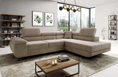 Produktbild von Avatar Kord Ecksofa in L-Form 277 x 73 x 203 cm mit Schlaffunktion und Bettzeugbehälter - Schlafsofa mit Bettkasten - Eckcouch mit Stauraum - Rechts - Farbe: Kord Beige