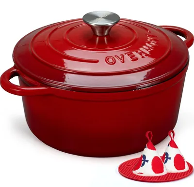 Productafbeelding van Overmont Schmortopf, gietijzeren braadpan, 26 cm - Emaille braadpan met deksel, geschikt voor de oven, in de kleur rood