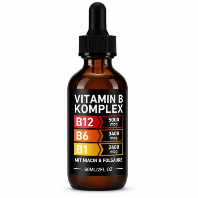 Produktbild von Vitamin B Komplex Tropfen Flüssig, 60ml Vitamin B Komplex Hochdosiert Tropfen mit 5 B-Vitaminen B1, B3 Niacin, B6, B9 Folsäure, B12, Vegan
