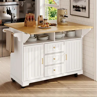 Immagine prodotto di Carrello da cucina con tavolo pieghevole, 3 cassetti, 2 ante, portasciugamani, bianco, dimensioni 120x40-80x95 cm
