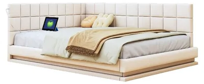 Zdjęcie produktu dla Łóżko tapicerowane 160x200 cm, kolor beżowy, obite tkaniną lnianą, z listwą LED i portem USB, idealne do sypialni