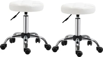 Produktbild von HOMCOM 2er-Set Rollhocker Drehhocker mit Rädern Arbeitshocker höhenverstellbar drehbar Salon Hocker Salonstühle Kunstleder Weiß Ø35,5 x 48-63H cm