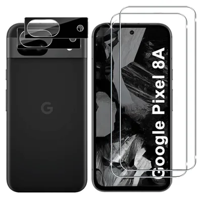 A product shot showing a phone case and screen protectors for a Google Pixel 8A.