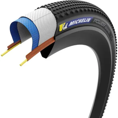 A cutaway view of a bicycle tire, showing its internal construction.