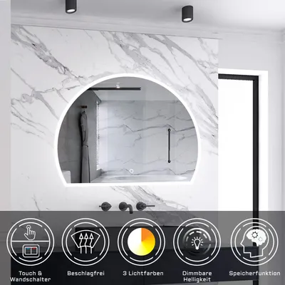 Produktbild von AICA LED Halbrund Badspiegel 80x60cm Anti-Beschlag Wand/Touchschalter 3 Lichfarbe Dimmbar Kalt/Neutral/Warmweiß Badezimmerspiegel mit Beleuchtung IP44