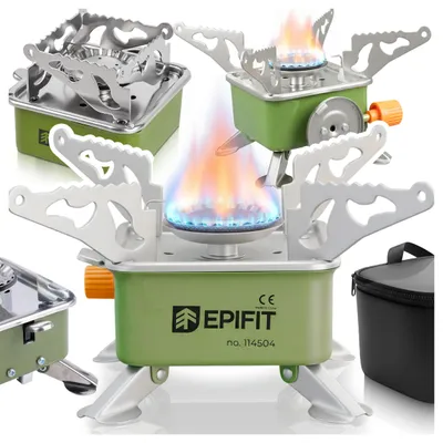 Immagine prodotto di Fornello a gas da campeggio piccolo per cartucce o bombole, portatile con coperchio ribaltabile EPIFIT Spark50 verde