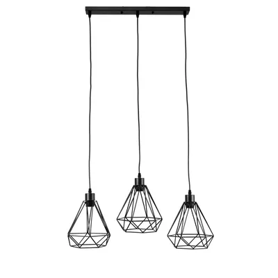 A black pendant light fixture with three diamond-shaped wire cages, suspended from a black rectangular ceiling plate.