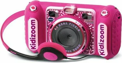 A pink Vtech Kidizoom Duo DX digital camera with headphones attached.