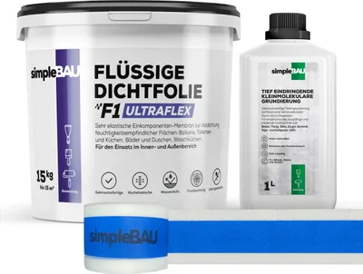 Produktbild von SimpleBau Flüssigfolie Dichtfolie F1 Ultraflex 15 kg + Tiefengrund 1L und Elastisches Dichtband 10M , Abdichtung für Bad, Dusche, Balkon , Wasserfest