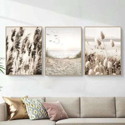 Obrázok produktu pre Sada 3 plagátov Unyqoos® – Boho, béžové obrazy s pampasovou trávou, moderný vintage dizajn, bez rámu, kvalitné plátno, rozmery cca 21×30/30×40/40×50/50×70 cm