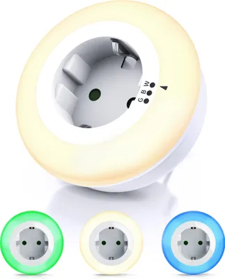 A white LED night light with a built-in socket, displaying different color options.