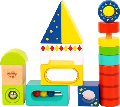 Produktbild von Tooky Toy Kinder Holzbausteine TL717 Buchenholz, 13 Bausteine, Aufbewahrungsbox bunt