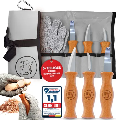 Produktbild von Eli®Schnitzmesser Kinder Set ab 6 Jahre, hochwertiges 5-teiliges Kindermesser Schnitzset inkl. schnittfeste Handschuhe, Kinderschnitzmesser, Messer