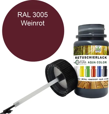 Produktbild von Reparaturlack Lackstift RAL Lack Pinselflasche 50ml. Farbe Holz Metall Möbel Auto Bad Retuschierlack -  RAL 3005 Weinrot
