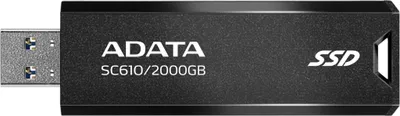 A black ADATA SC610 USB flash drive with text and branding.