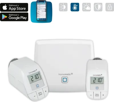 A white smart home heating control set including a central hub and two radiator thermostats, with app store download icons and feature icons at the top.
