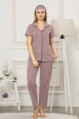 Produktbild von Damen Pyjama Schlafanzug Braun L Kurz Baumwolle mit Knöpfen 2 Teiler S-96