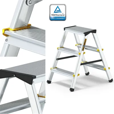 A three-step aluminum step stool with safety features and certifications.