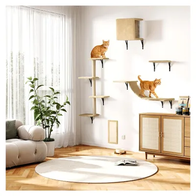 Produktbild von Katzen Kletterwand Set 5-teilig – Wandmontierte Katzenwand mit Katzenhaus, Katzenbrücke und Kratzbrett, platzsparende Kletterwand für die Wohnung