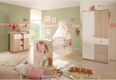 Immagine prodotto di Set completo di mobili per neonati, composto da armadio, fasciatoio e lettino, in legno colorato