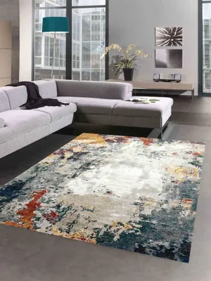 Immagine prodotto di Tappeto astratto di design moderno per soggiorno blu grigio rosso - facile da pulire dimensioni - 60x110 cm