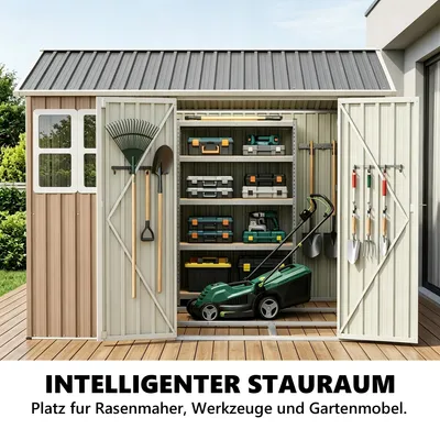 Produktbild von Geräteschuppen Gerätehaus Metall Gartenhaus Satteldach Lagerschuppen Braun 4m² mit Fenster Fundament